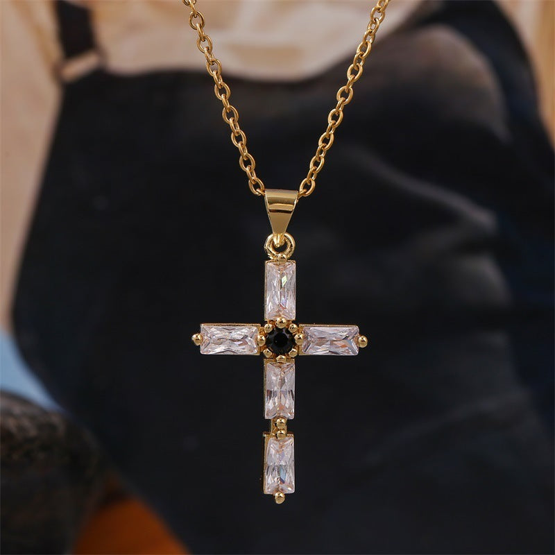 Retro Religious Copper Inlaid Zirconium Real Gold Plating Cross Necklace