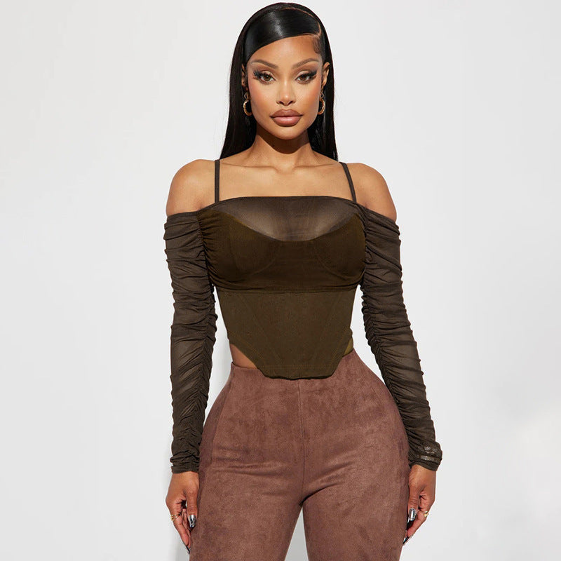 Mesh See-through Off-neck Braces Long Sleeve Irregular Cinched Waist Slim-fit Top T-shirt For Women