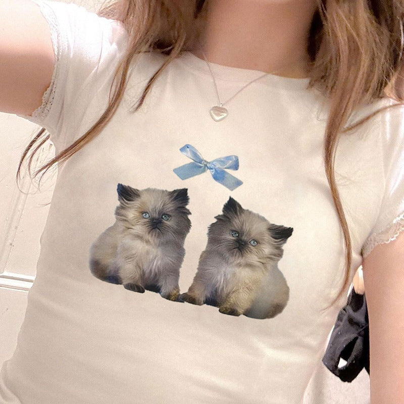 Fashionable All-match Cat T-shirt For Women