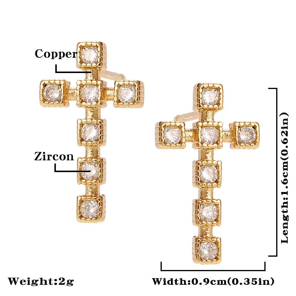 Women's Religious Ornament Copper Micro Inlaid Zircon Cross All-match Earrings