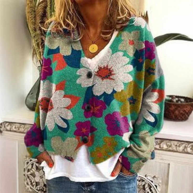 Women's Cardigan Sweater Artistic Retro Printing Colorful Flora