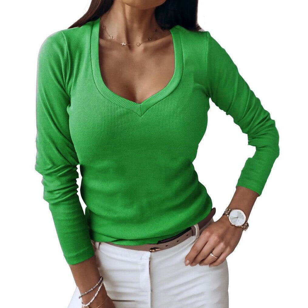 Women's V-neck Ribbed Long-sleeved Shirt