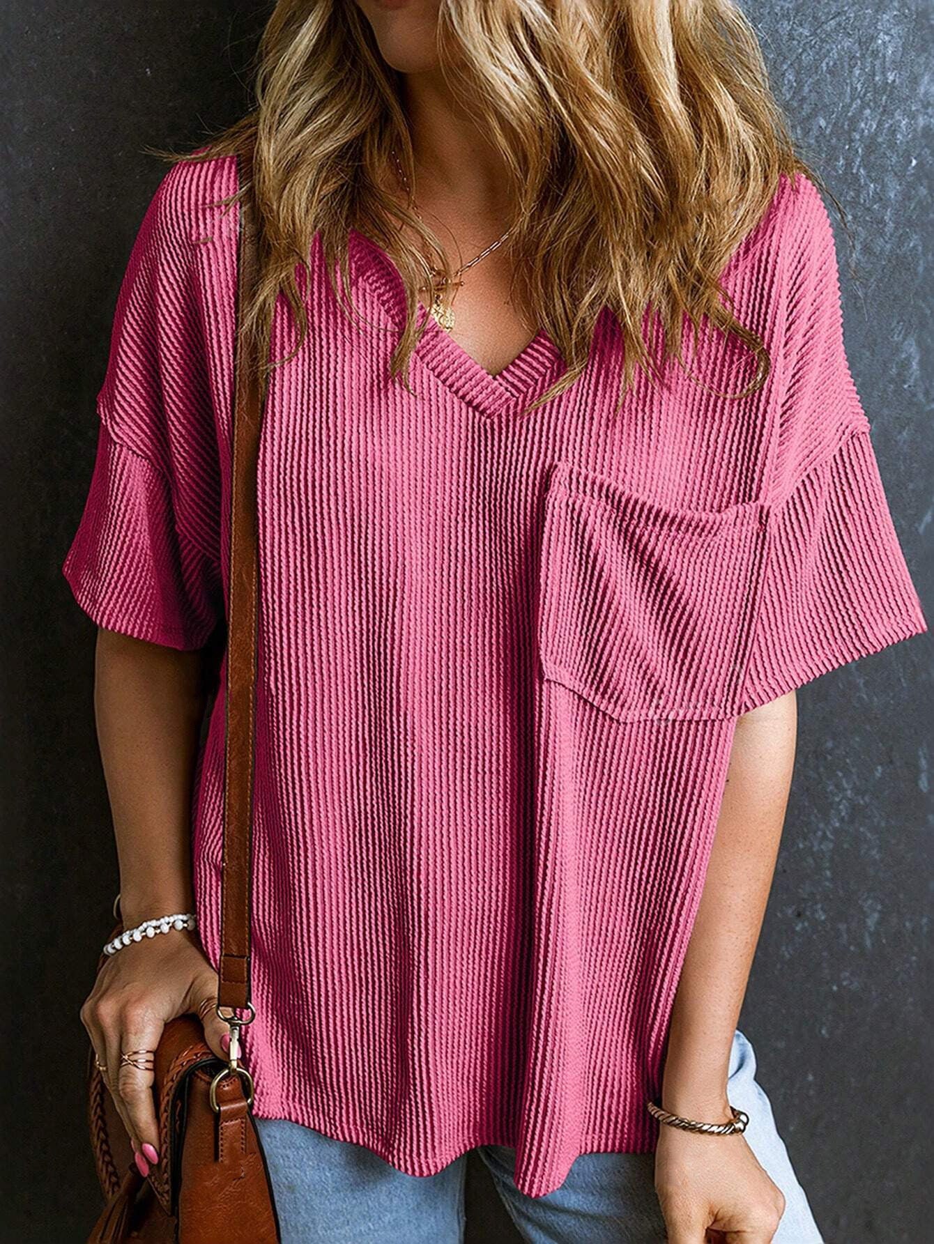 Two-tone Pocket Short Sleeve V-neck Top