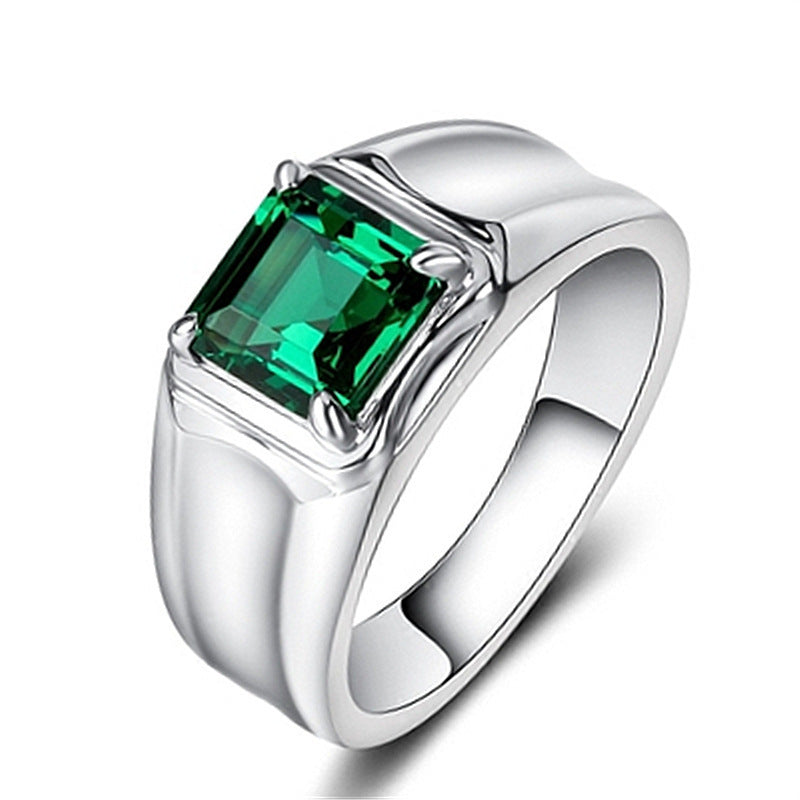 White gold plated blue green ruby male ring