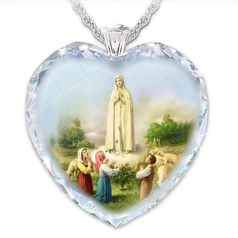 Catholic Virgin Head Portrait Heart-shaped Religious  Time Gemstone Necklace