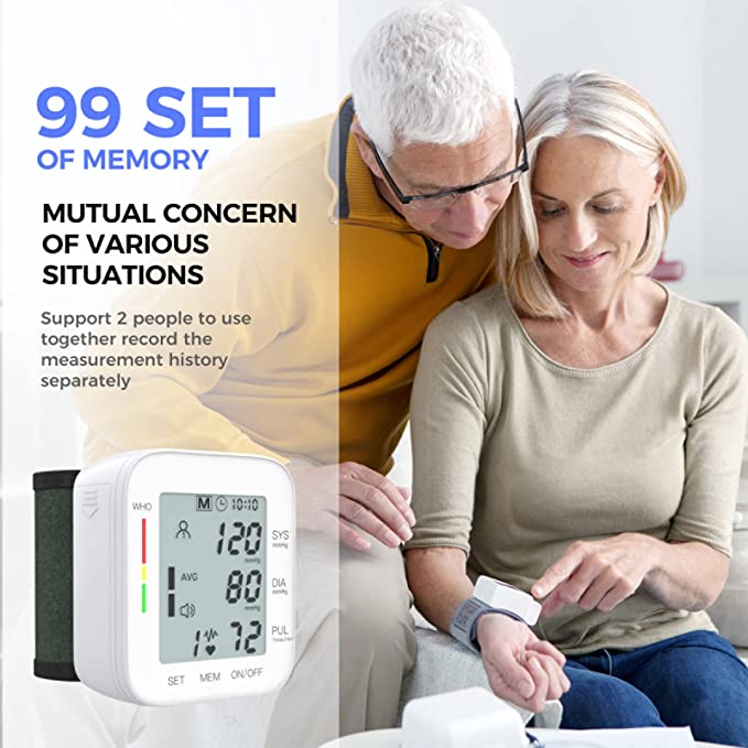 Blood Pressure Monitor Wrist Bp Monitor Large LCD Display Adjustable Wrist Cuff 5.31-7.68inch Automatic 90x2 Sets Memory For Home Use