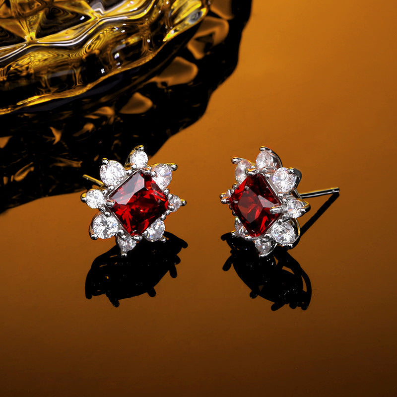 Sterling Silver Snowflake Ear Studs Inlaid Synthetic Ruby