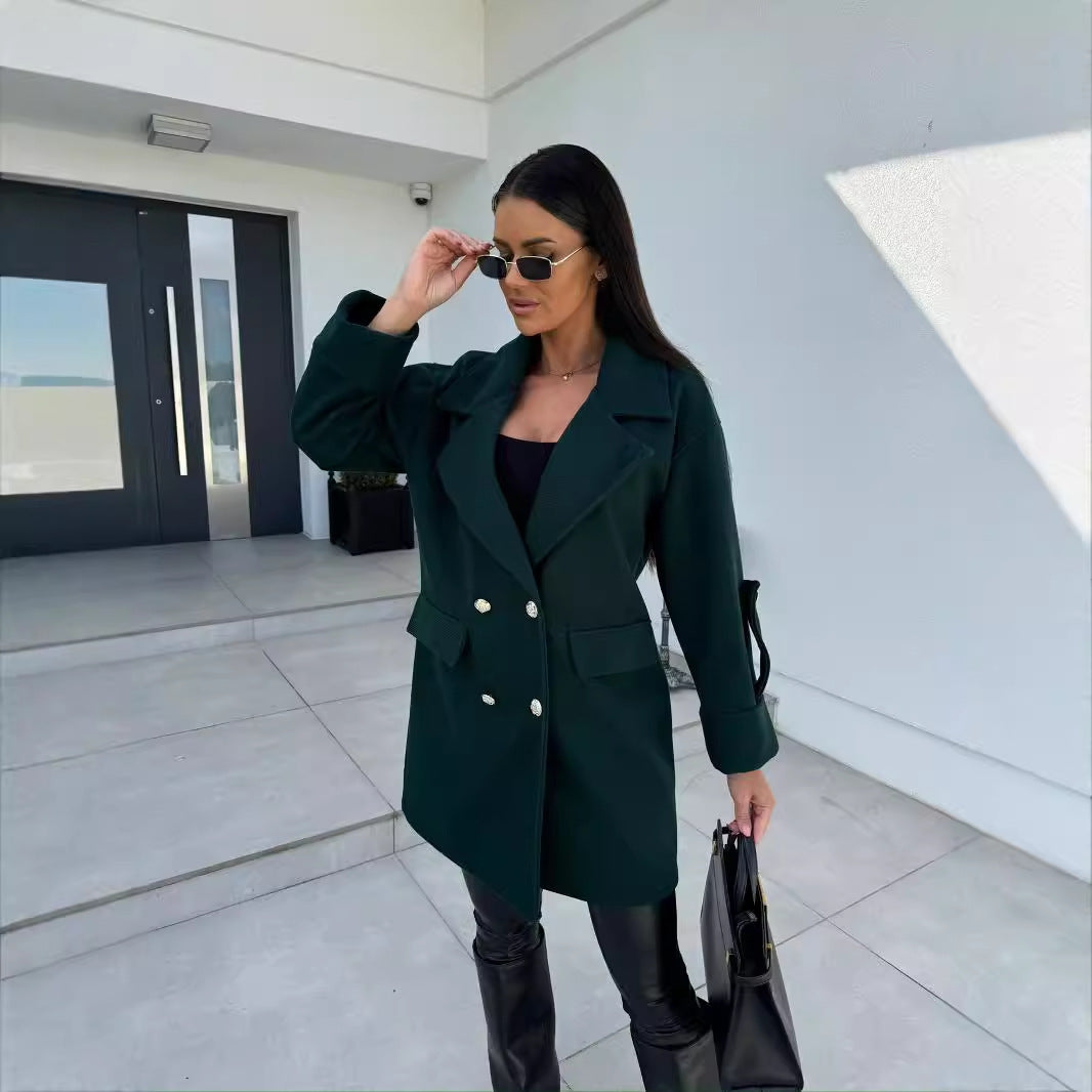 Winter Solid Color Fashion All-match Double-breasted Woolen Coat Women's Clothing