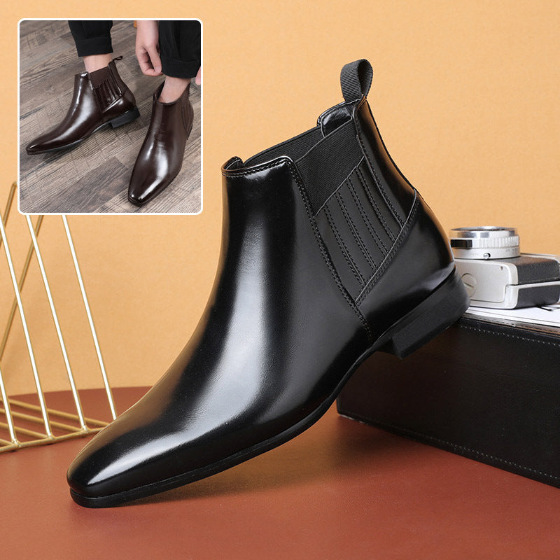 Pointed Toe Chelsea-style Boots For Men Fashion British Style Square Heel Business Formal Leather Shoes