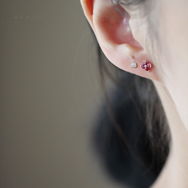 925 Silver Rose Red Little Flowers Ruby Stud Earrings