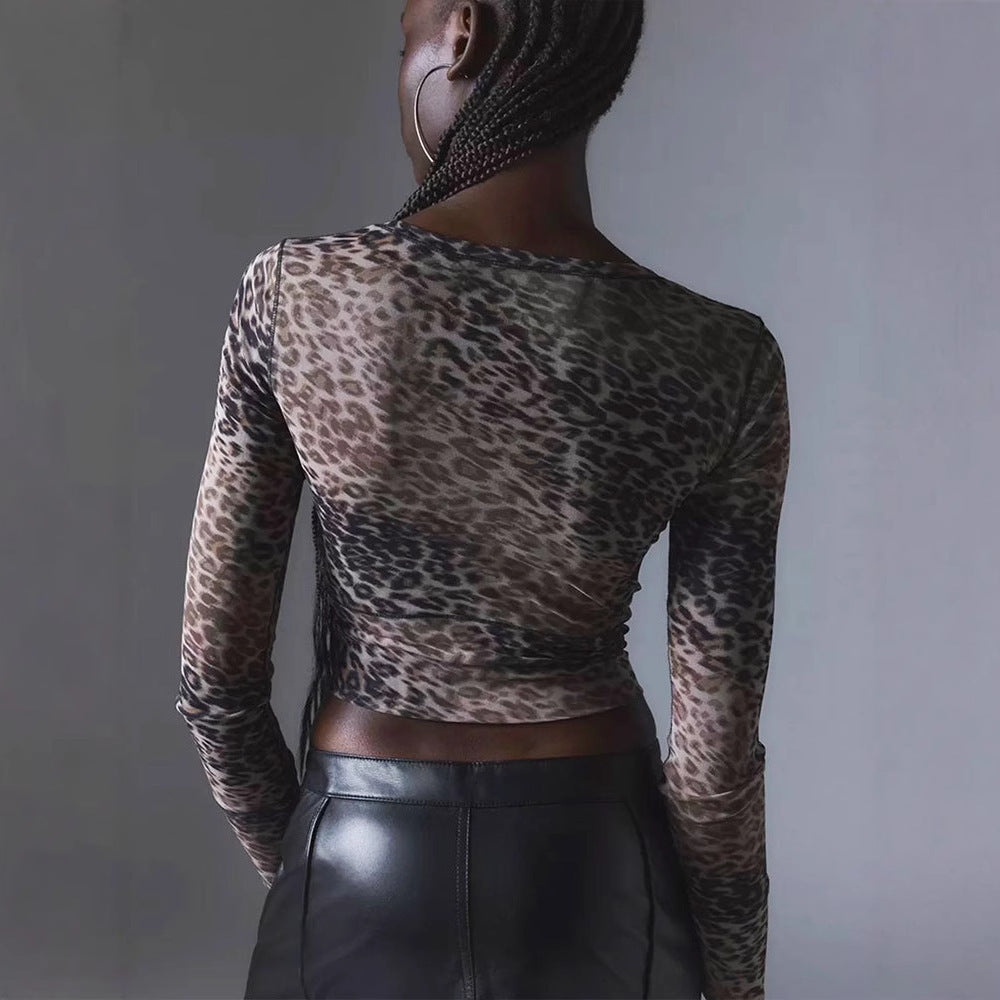 Leopard Print Slim Long Sleeve Top Fashion Women's Wear