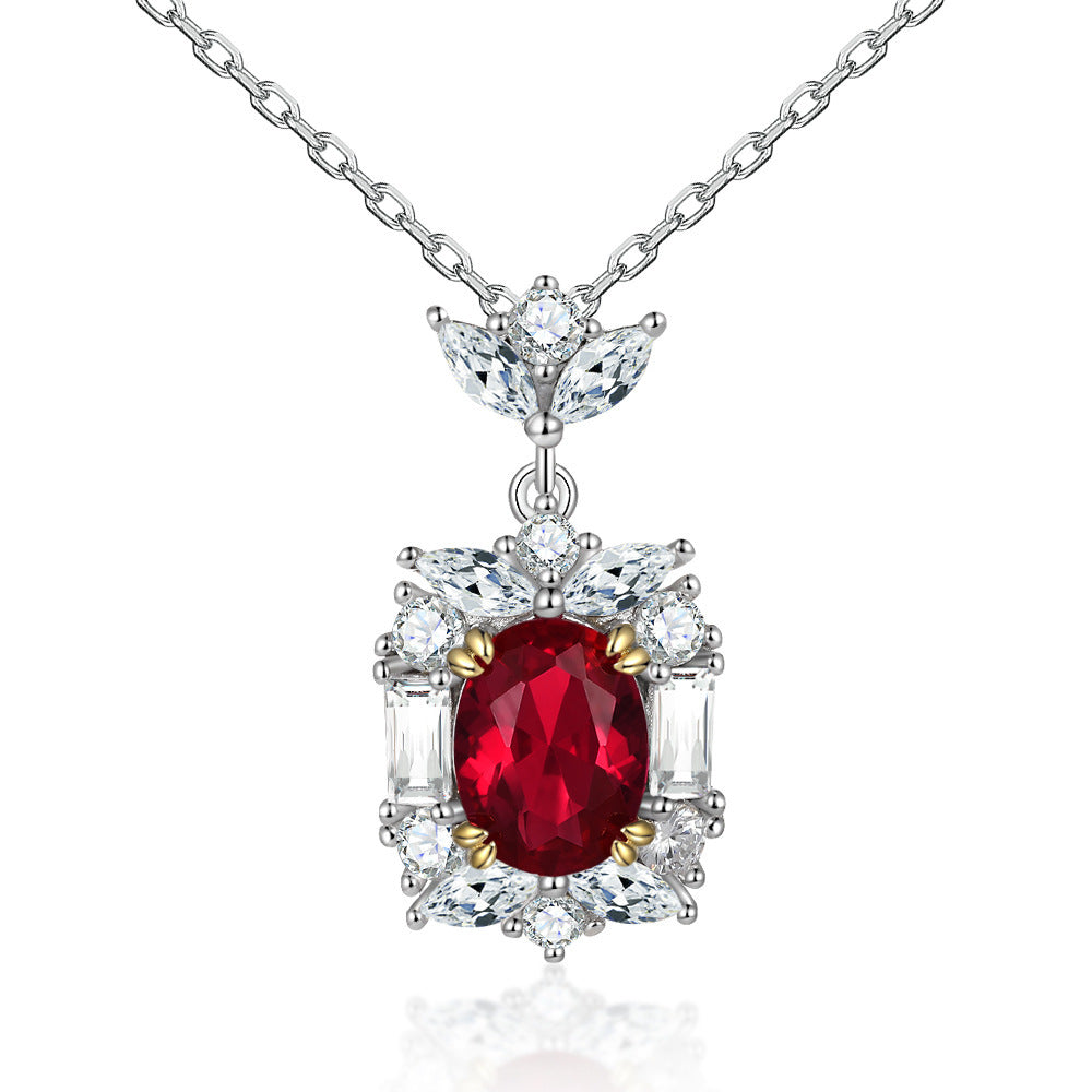 Egg-shaped Ruby Round Zircon Pendant Sterling Silver Necklace