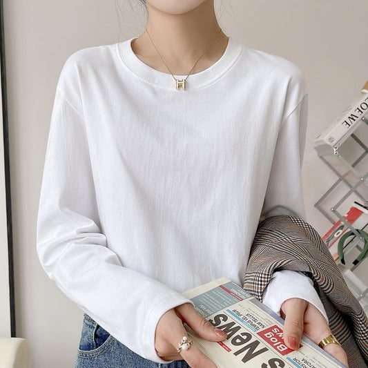 Heavy Cotton Long-sleeved T-shirt Solid Color White Round Neck