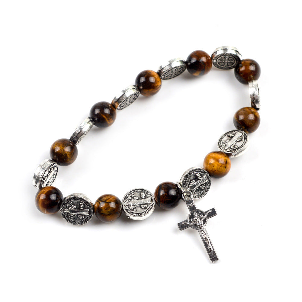 Religious Zinc Alloy Jesus Cross Benedict Tiger Eye Rosary Bracelet