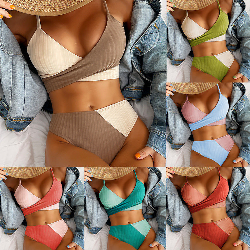 Bikini Patchwork Traje de baño Traje de baño acanalado para mujer Nudo Espalda Ropa de playa Fruncido Trasero Biquinis Trajes de baño