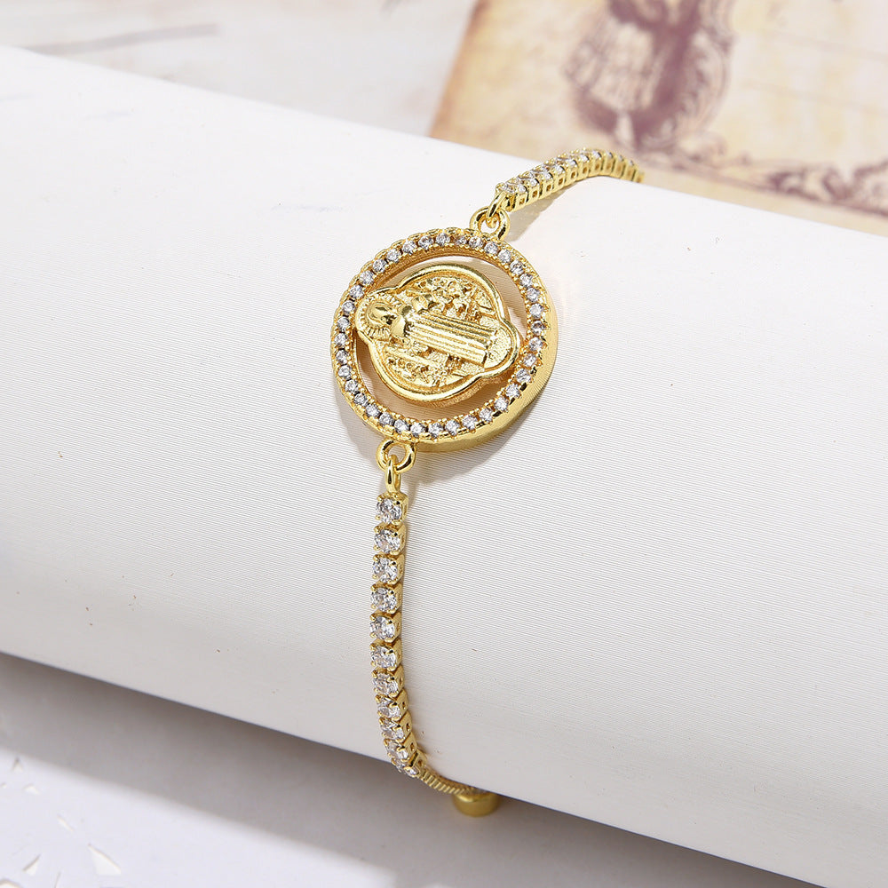 Retro Religious Round Virgin Mary Copper Inlaid Zircon Push-pull Bracelet