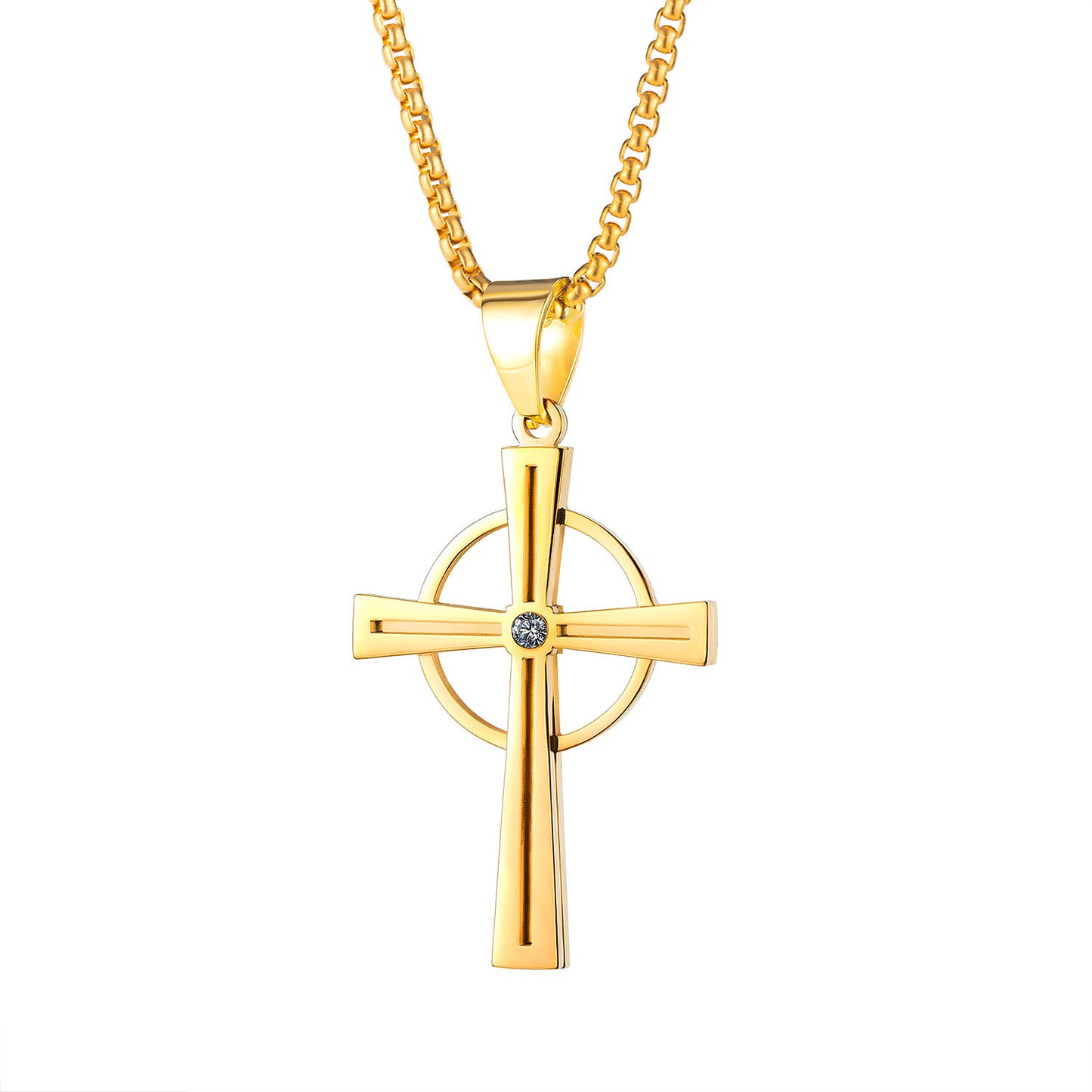 Street Hip Hop Retro Religious Circle Cross Pendant Christian Stainless Steel Necklace