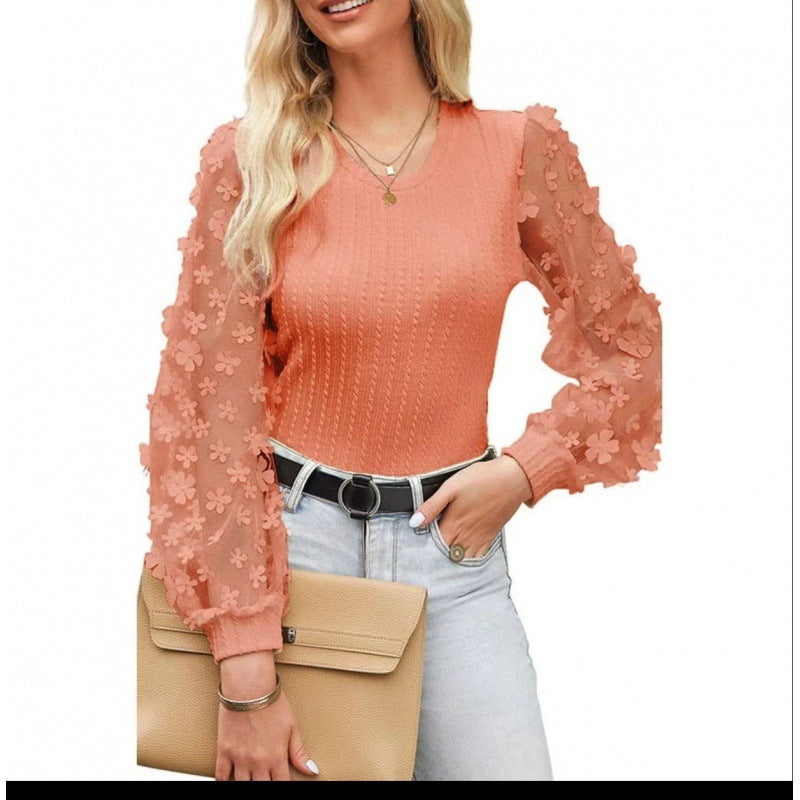 Women's Mesh Small Flower Chiffon Shirt Summer Round Neck Long Sleeve Top