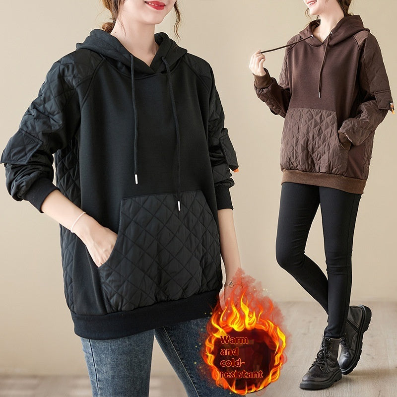 Autumn And Winter Stitching Quilted Loose Hooded Sweater