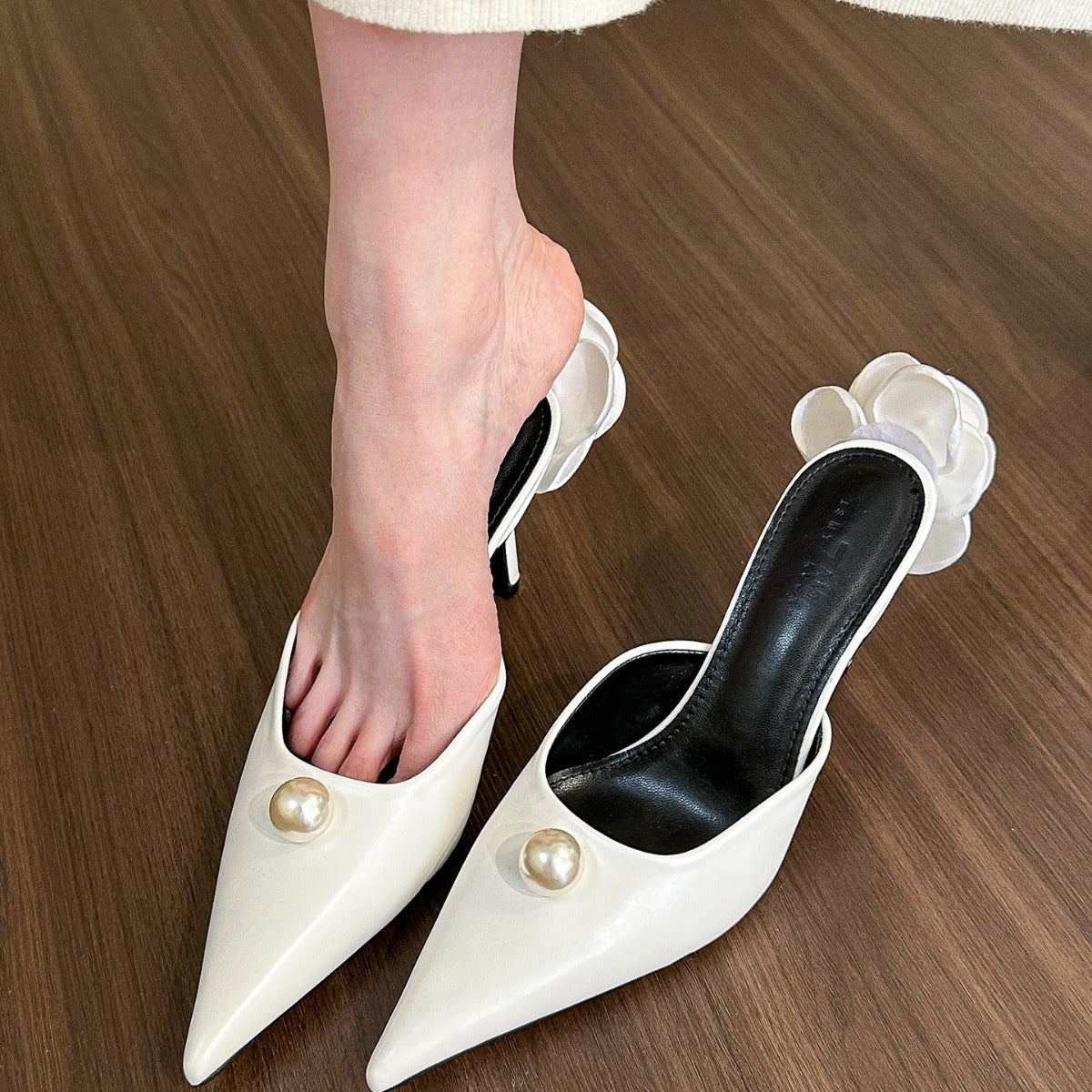 Pointed Pearl High Heel Half Slippers Women Mules Shoes