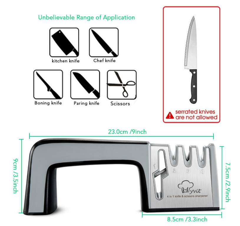 Una familia cuatro en uno utiliza un afilador para afilar un cuchillo de cocina