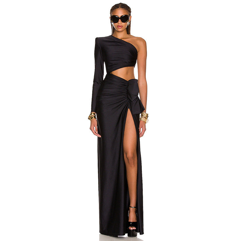 Women's Long Sleeved Hollow Slit Elastic Sloping Shoulder Dress