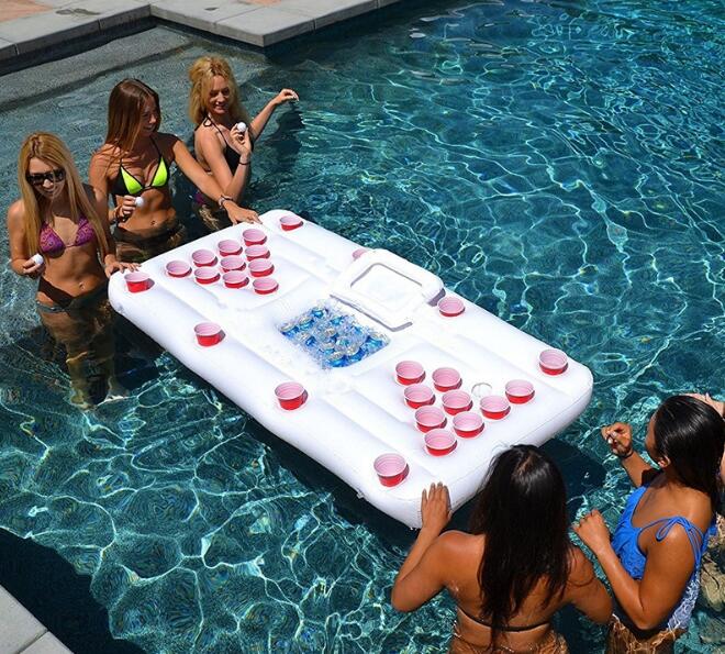 Water Party Air Mattress Ice Bucket Cooler Cup Holder Inflatable Beer Pong Table Pool Float