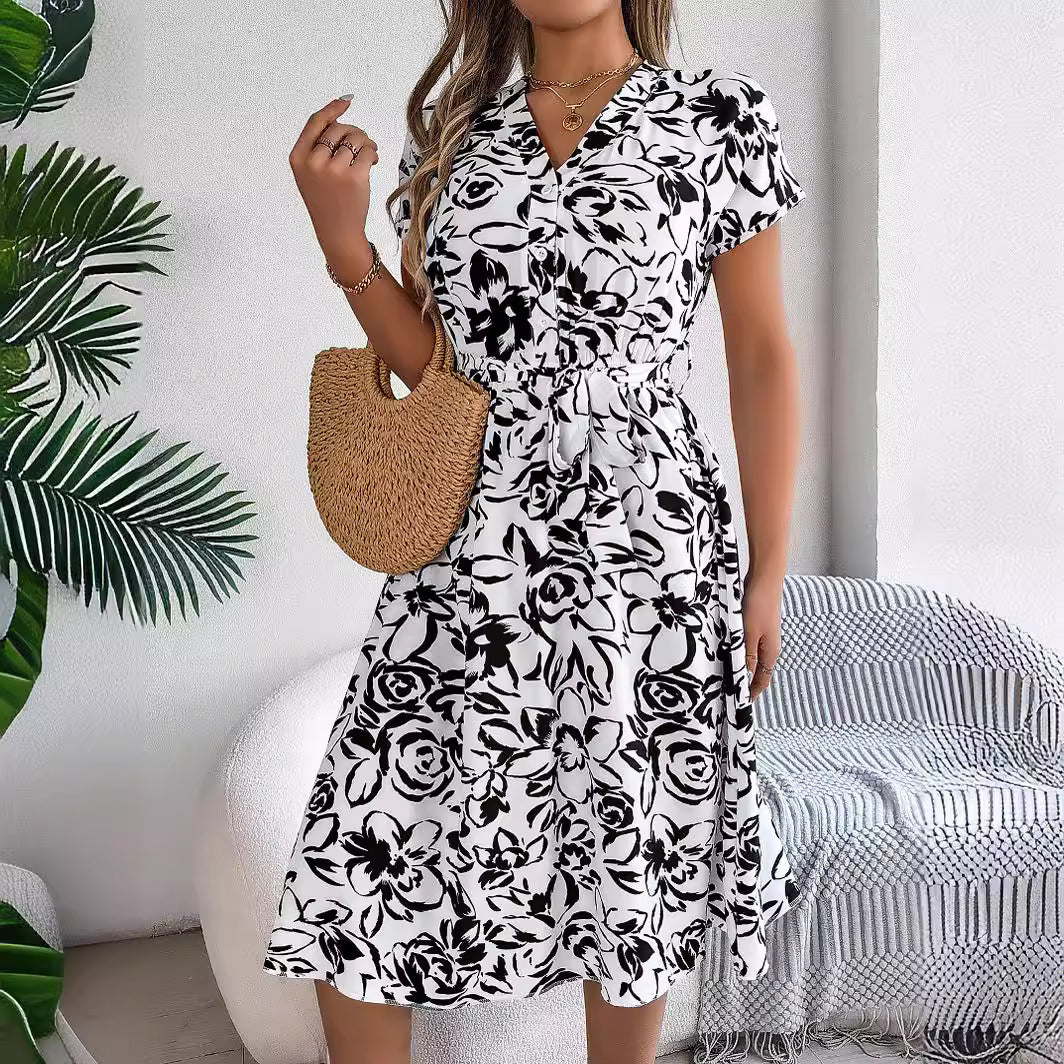 Women's Casual V-neck Button Batwing Sleeve Flower Swing Dress