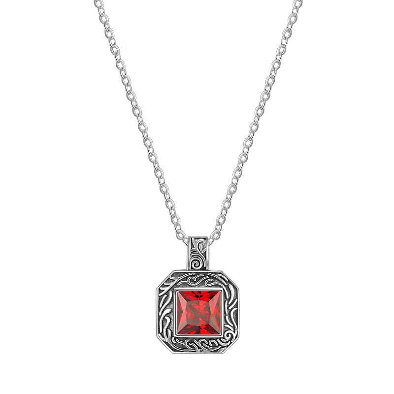 S925 Sterling Silver Vintage Engraving Square Ruby Pendant Necklace