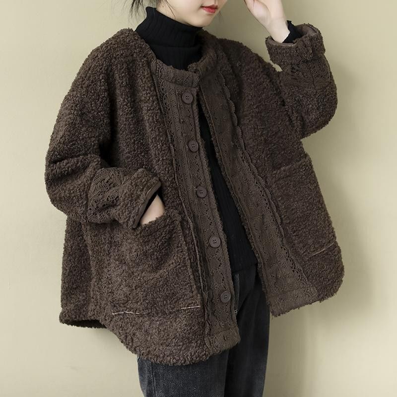 Artistic Retro Loose Long Sleeve Warm Coat Lambswool