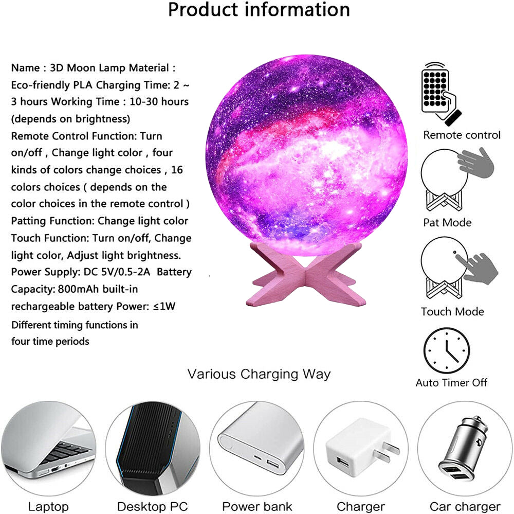 Lámpara de galaxia con impresión 3D, luz de luna, USB, LED, luz Lunar nocturna, lámpara de Luna que cambia de Color táctil