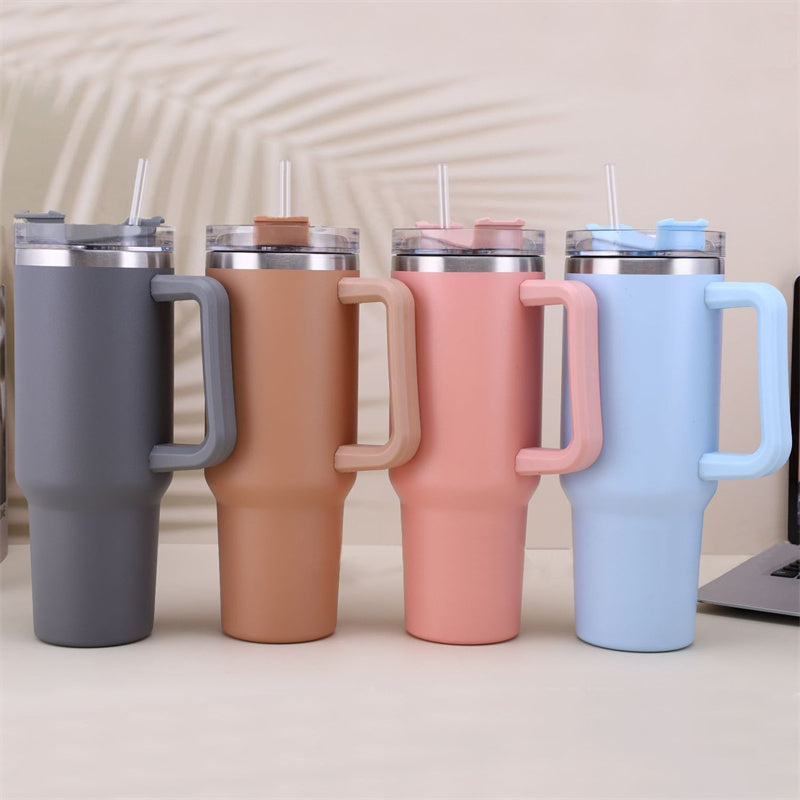 Taza aislante de café de paja con asa, botella de agua portátil de acero inoxidable para coche, taza térmica sin BPA de viaje de gran capacidad, 40oz