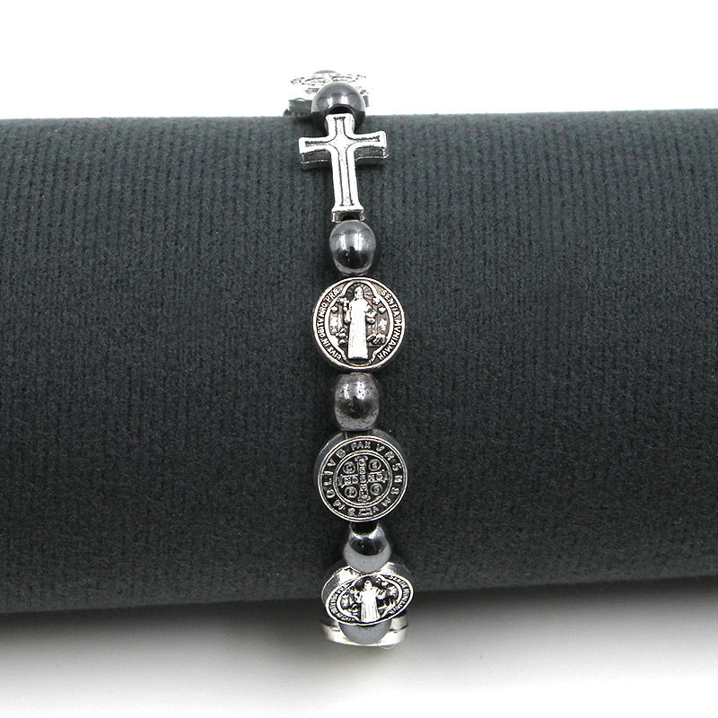 Religious Character Pattern Hematite Rosary Bracelet