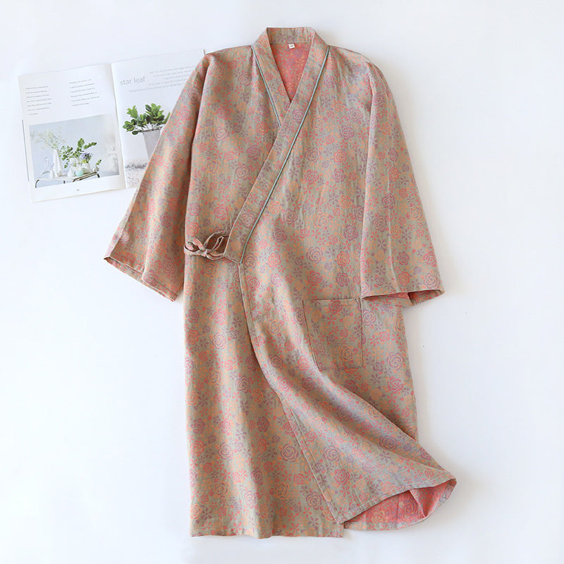 Yarn-dyed Jacquard Nightgown Couple Four Seasons Thin Double-layer Gauze Kimono Robe