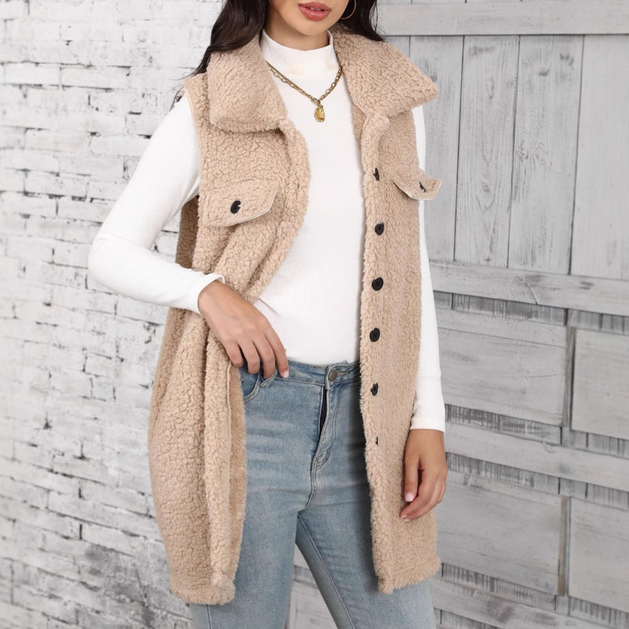 Autumn And Winter New Polo Collar Sleeveless Loose Cardigan Vest