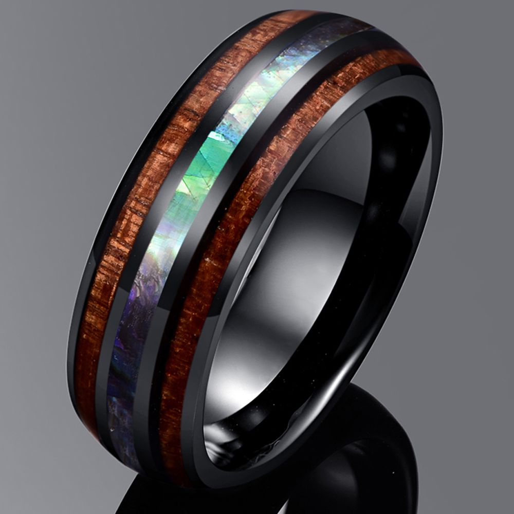 Electroplated Black Inlaid Locust Wood Abalone Shell Tungsten Ring