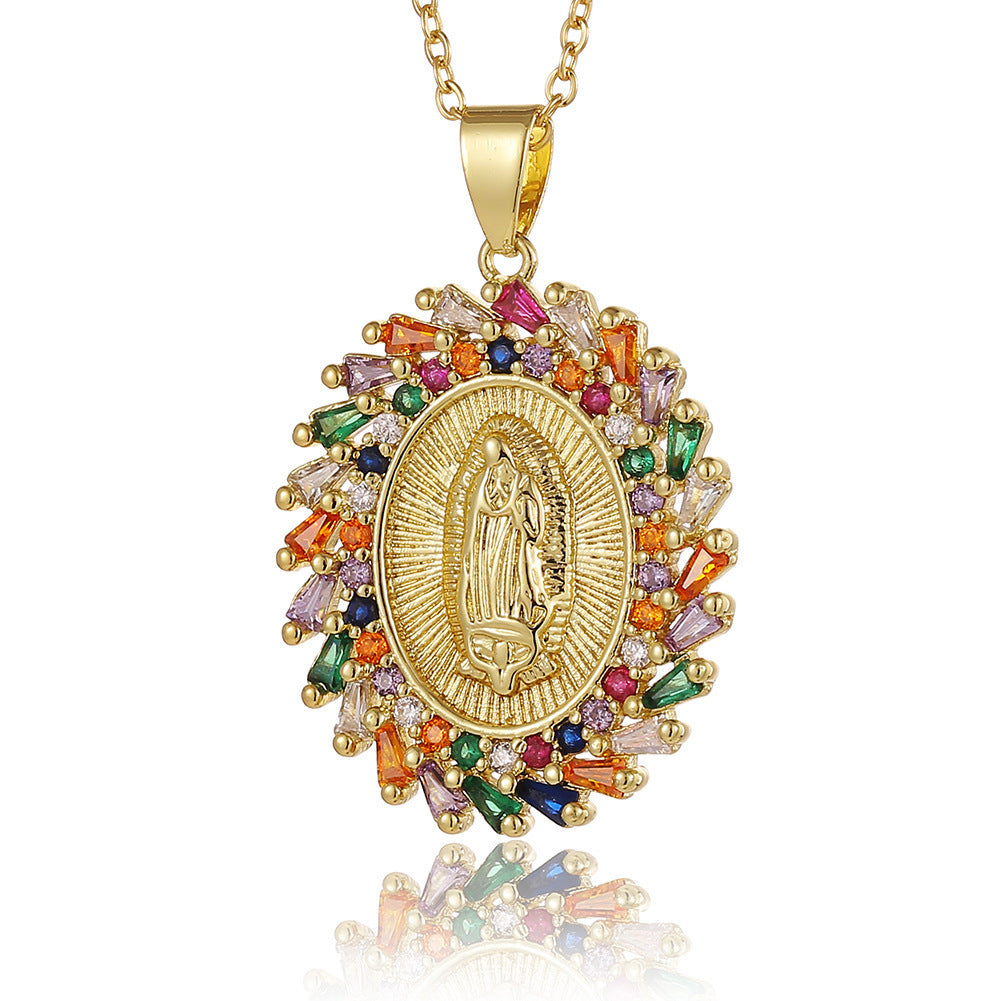 Women's Religious Jewelry Copper Micro-encrusted Zirconia Virgin Mary Pendant Devotee Necklace