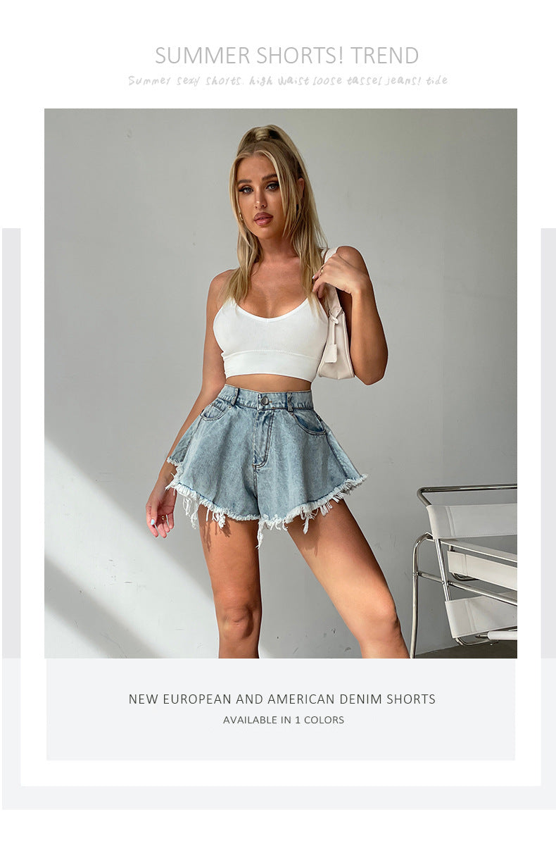 High Waist Loose-fitting Tassel Denim Shorts Para sa Babae