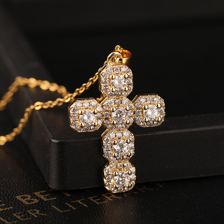 Classic Cross Shape Brass Micro Set Religious Necklace Pendant