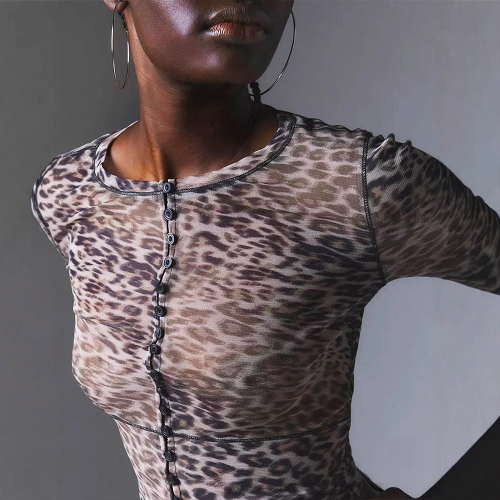 Leopard Print Slim Long Sleeve Top Fashion Women's Wear