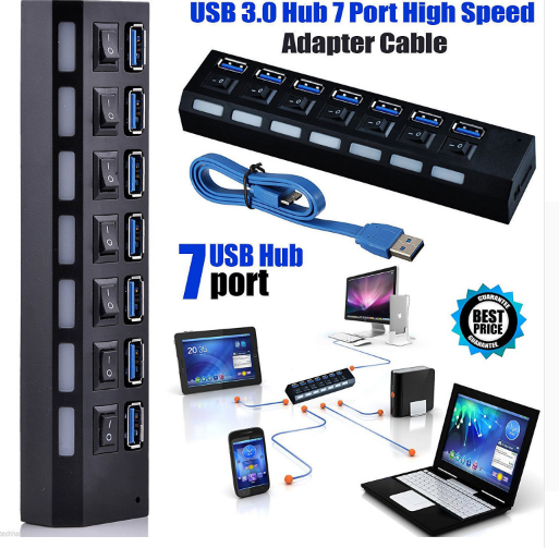 HUB EXTERNO USB3.0 DE 7 PUERTOS DE ALTA VELOCIDAD CON ADAPTADOR DE CORRIENTE 