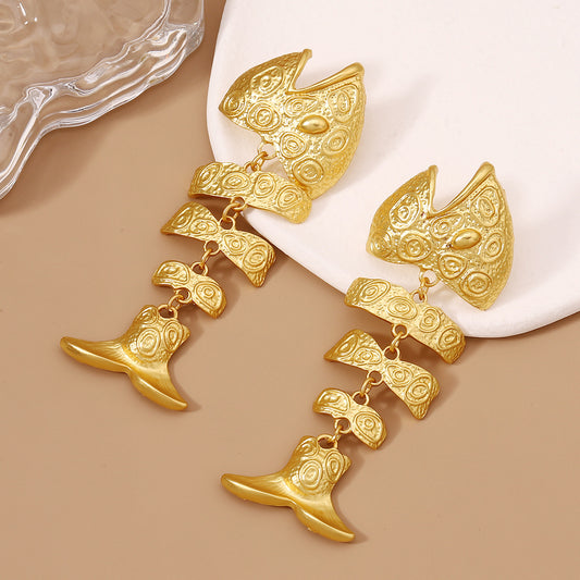 Retro Golden Hollow Fishbone Eardrops Hikaw