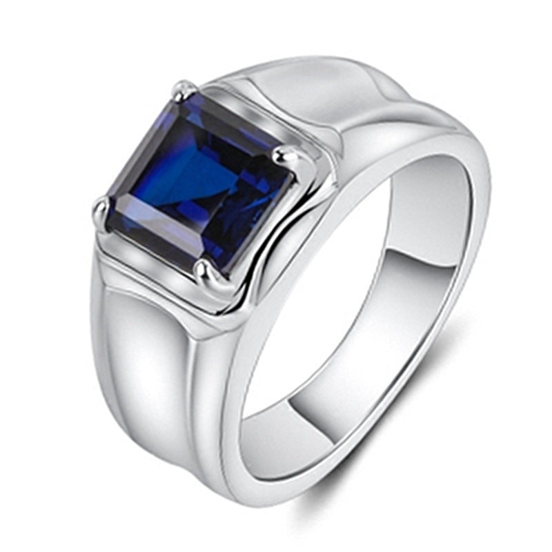 White gold plated blue green ruby male ring