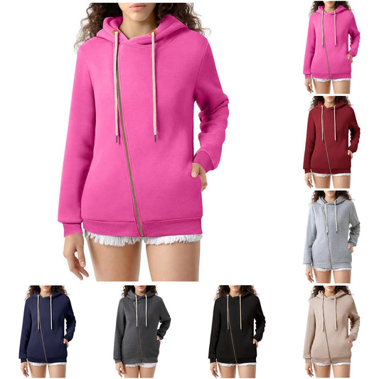 Women's Pocket Hooded Sweater Solid Color Zipper Hooded Sweatshirt