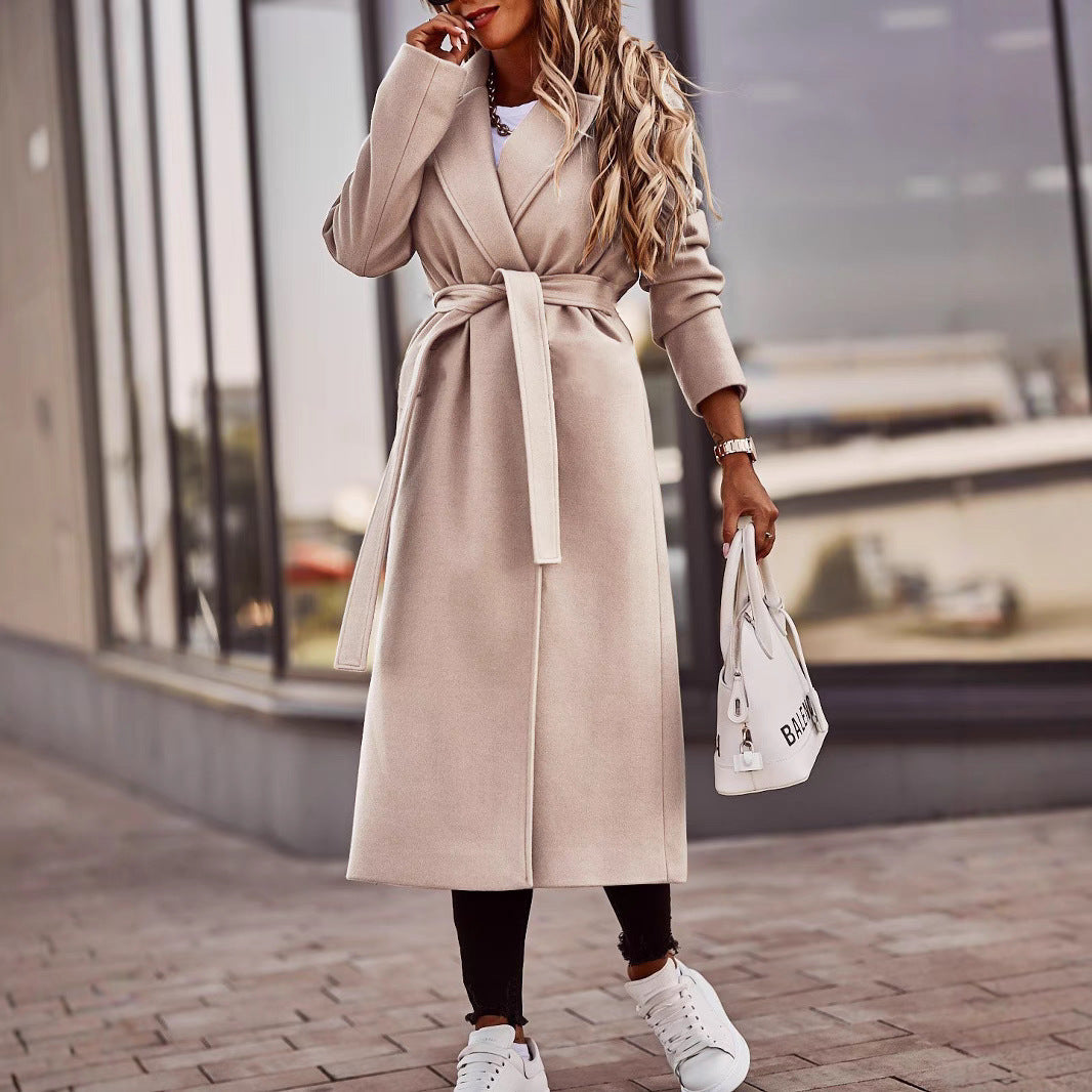 Autumn And Winter Simplicity Long Sleeve V-neck Lace Up Woolen Coat Top Women