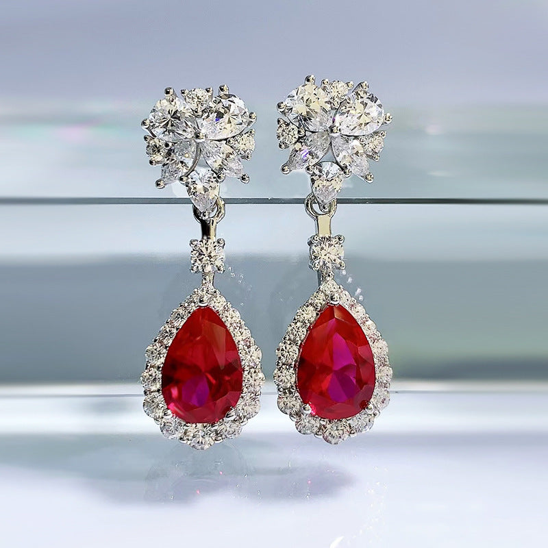 Sterling Silver Simulation Ruby Long Earrings