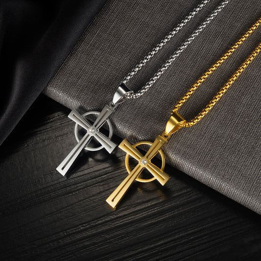 Street Hip Hop Retro Religious Circle Cross Pendant Christian Stainless Steel Necklace