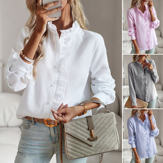 Striped Long Sleeve Shirt Fashion Ruffle Design Button Up Tops Casual Office Blouse Elegant Commuting Pambabaeng Damit