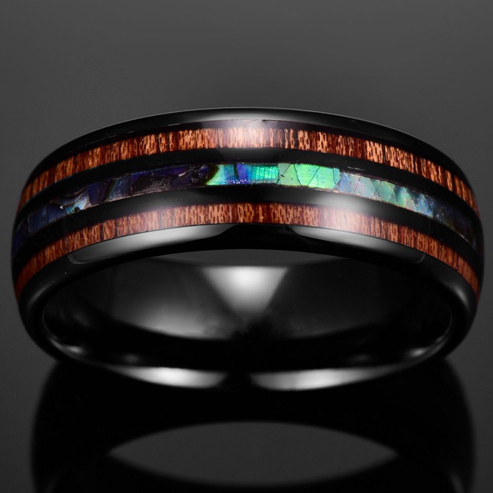 Electroplated Black Inlaid Locust Wood Abalone Shell Tungsten Ring