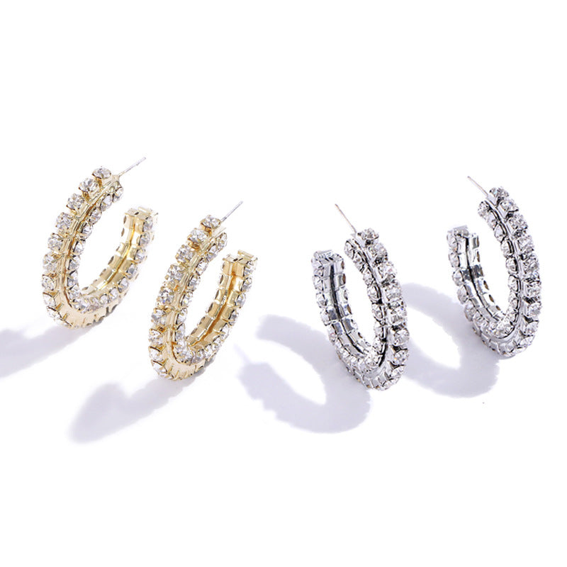 Korean Style Dongdaemun C- Shaped Semicircle Full Diamond Frosty Style Earrings